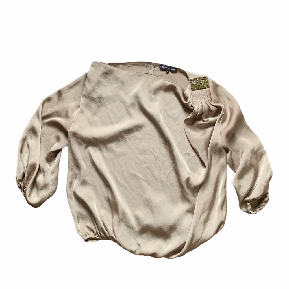 Violet & Claire Tan Silk 3/4 Sleeve Blouse Small